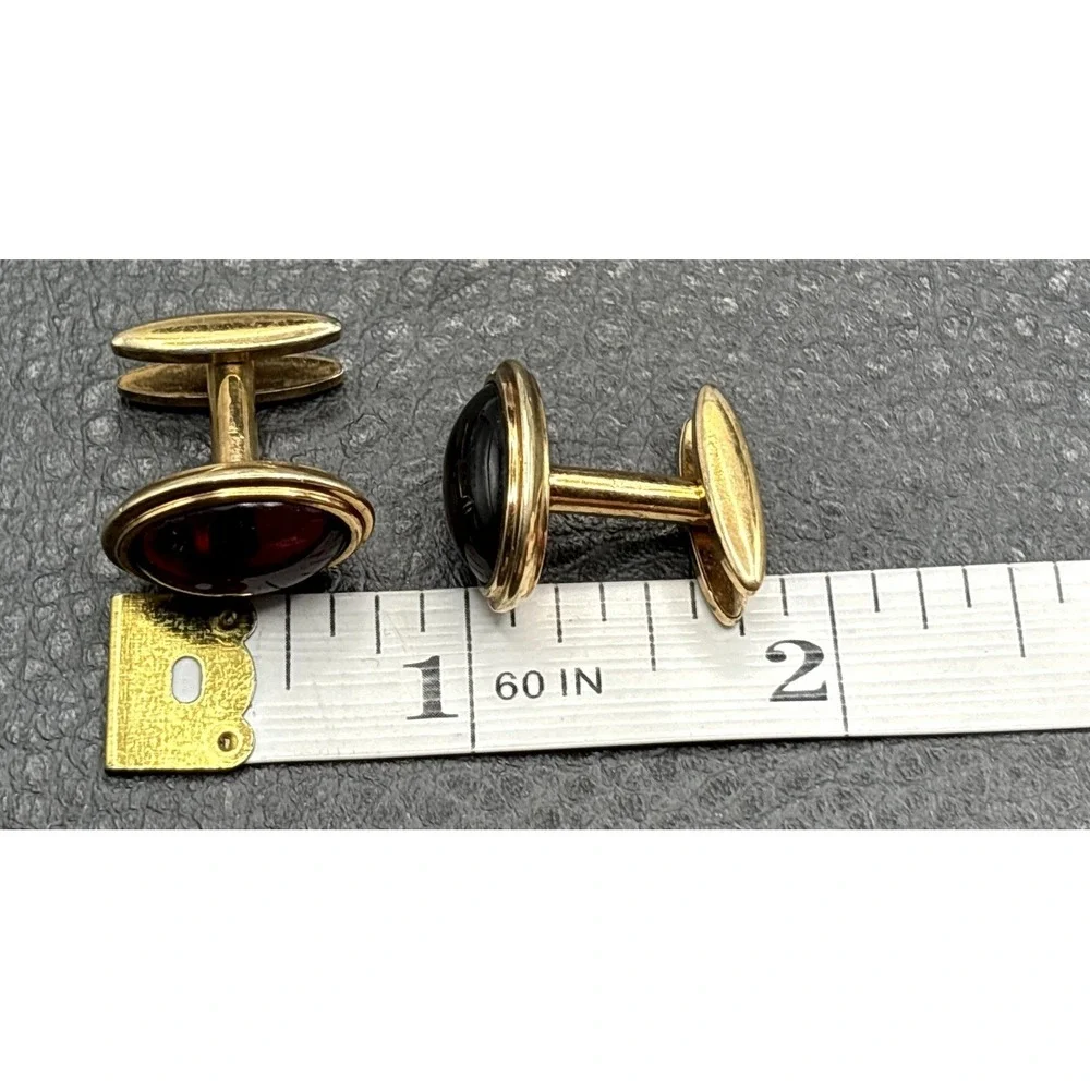 Vintage Simmons Deep Red Cabochon Glass Oval Cufflinks Gold Tone
